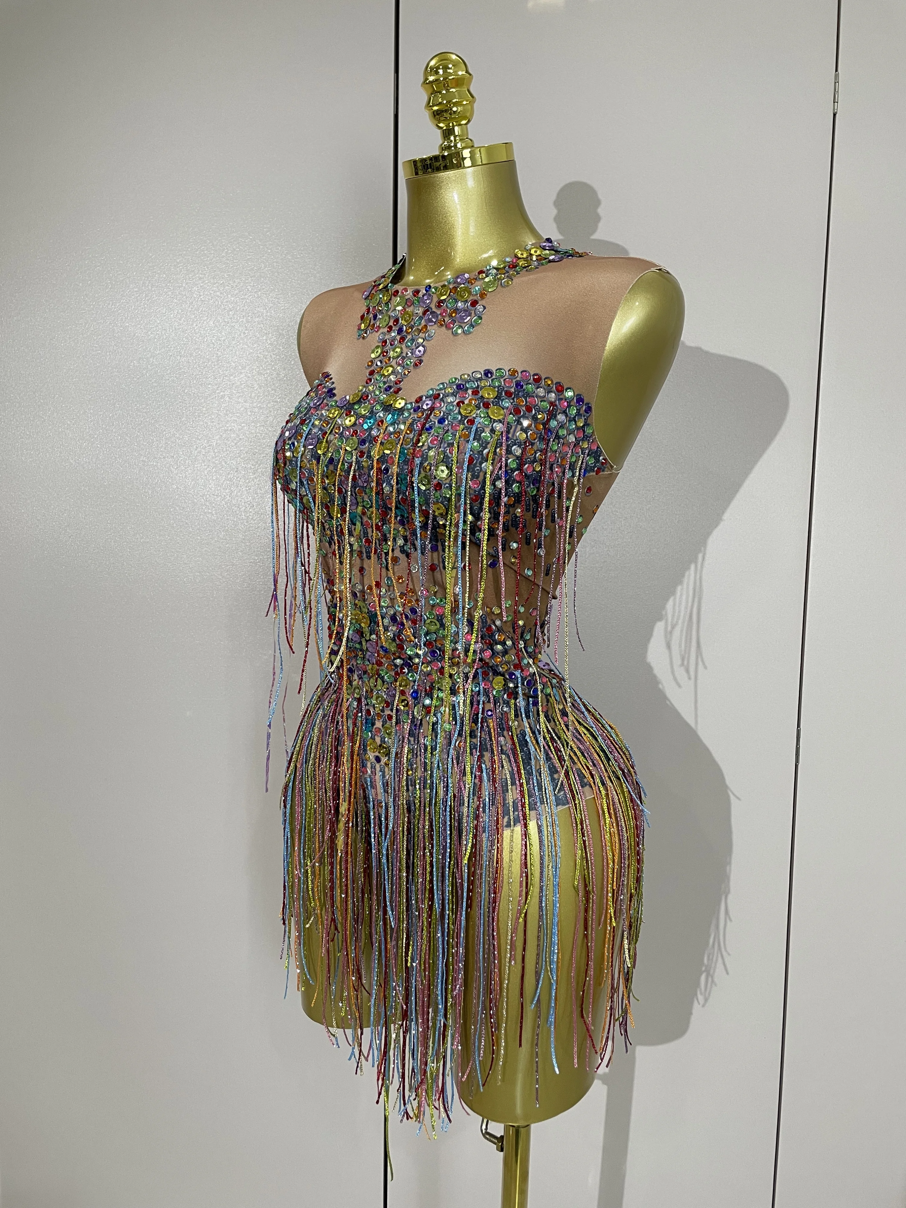 Sparkle Colorful Rhinestone Sequins Tassel Bodysuit 2025 Women Evening Birthday Party NightClub Bar DJ Dancer Team Stage Costume