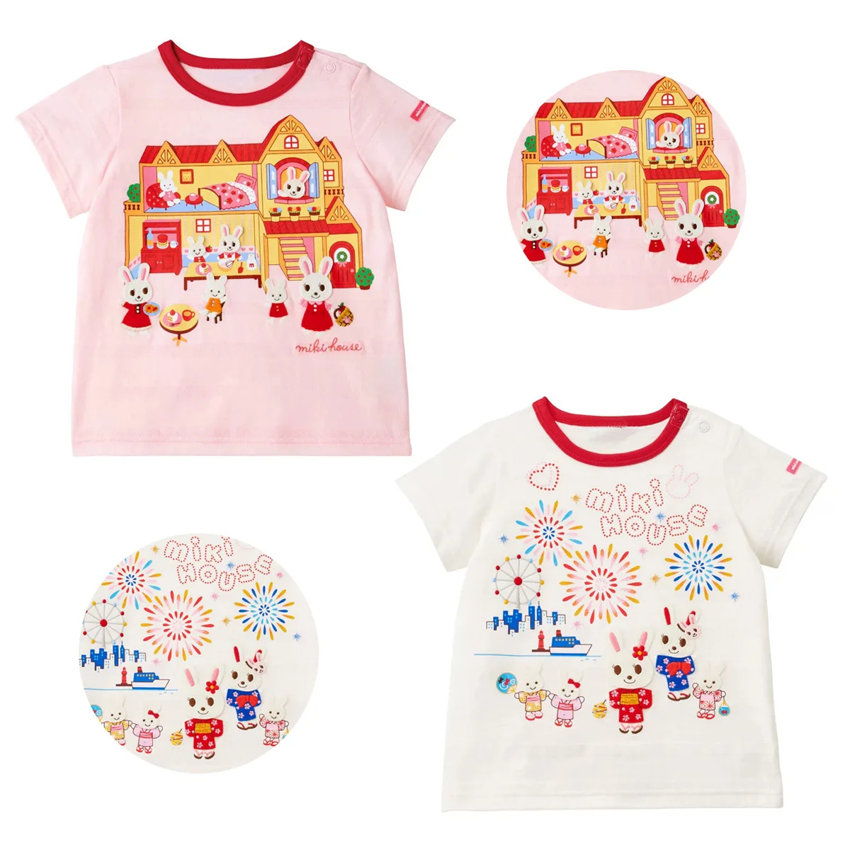 

2025 Summer Girls T-shirt Cute Cartoon Rabbit Tee Slub Cotton Miki House Tops Firework Rabbit House Pattern Tee 90-130