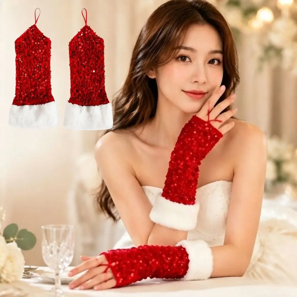 Glitter Christmas Gloves Sequin Thickened Warm Hook Finger Exposed Gloves breathable decorative Performance Gloves