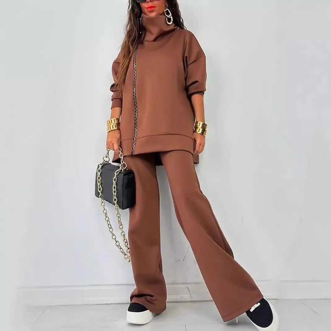 Felpa con cerniera da donna e pantaloni a gamba larga Set lungo Sve Classic Sle Pure Color Autumn Faion Tee Piece Set