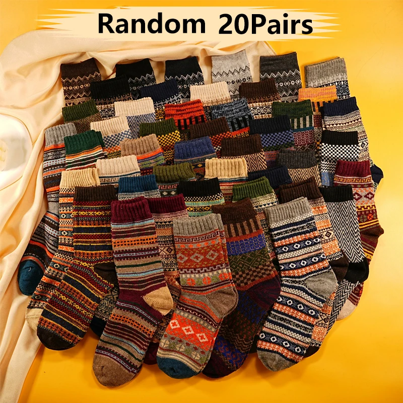 

20 pairs of random autumn and winter men's and women's thick warm artistic ethnic style looped socks