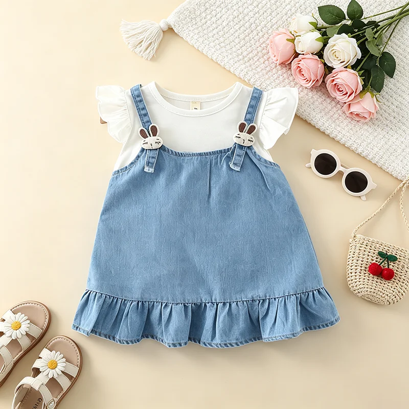 Mode Baby Mädchen Täglichen Tragen Sommer Einfache Neugeborenen Cartoon Kaninchen Imitation Denim Infant kinder Kleidung 0-4 Y kleinkind Outfit