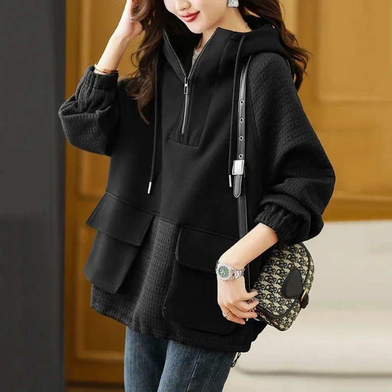 2024 Autumn New Fashionable Korean Style Slimming Versatile Elegant Color Blocking Hooded Zip-up Sweatshirt For Women