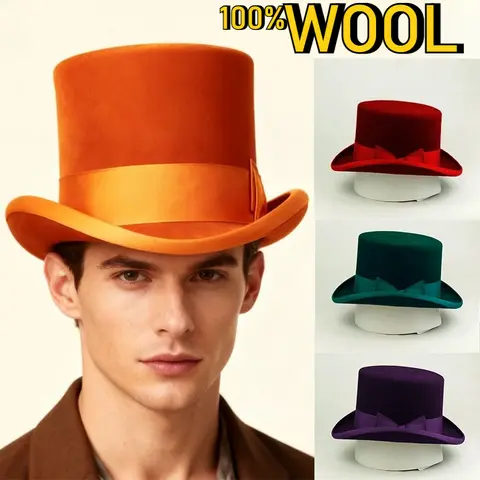 %100 yün düz tepeli fötr şapka, düz renk kurdele süslemeli, sihirbaz performans şapkası, Avrupa tarzı caz başkanlık şapkası