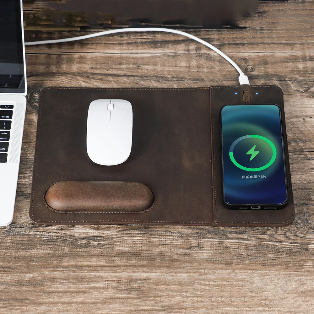 

Mouse Pad with 15W Phone Wireless Fast Chargers Genuine Leather Charging Mouse Mat for PC Computer Laptops Office Accessories