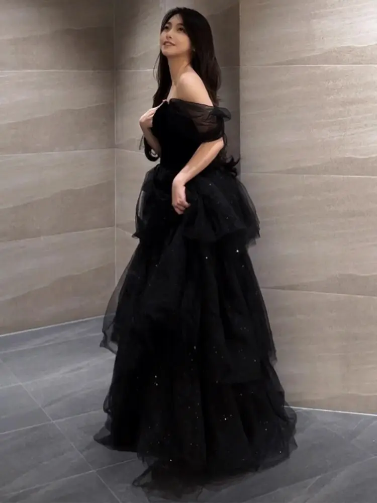 Black Evening Dress 2023 New Luxury Style Dress Banquet Host Dress Suit Small Black Dress Dark Dress Black Gauze Party Dress