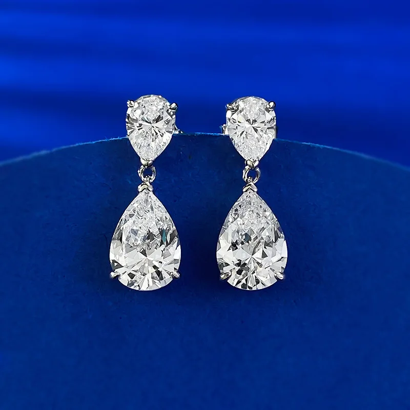 Double Pear Shape High Carbon CZ Drop Earrings S925 Silver Ear Post Silver Plated Long Dangle Women Wedding Luxury Ear Jewelry