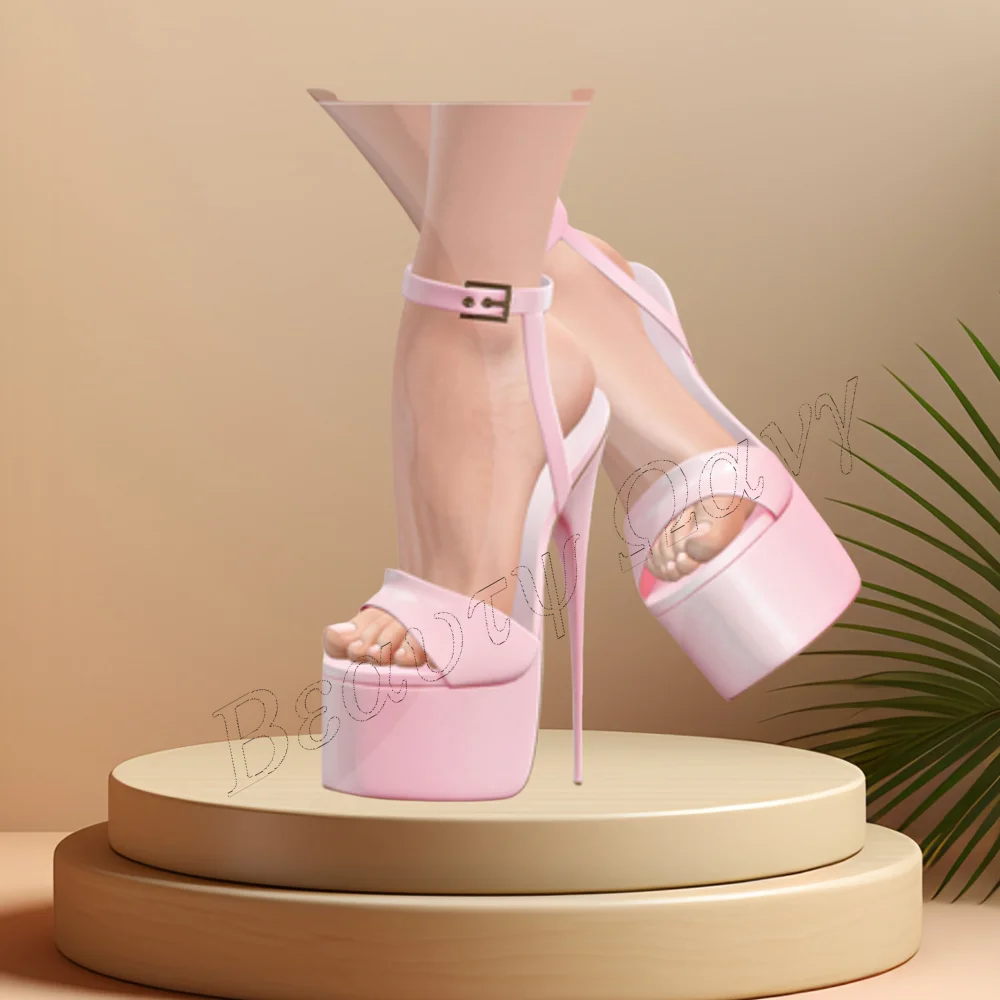 Pink Solid Ankle Buckle Sandals Platform Cut Heel Round Toe Spike High Heel Shoes for Women High Heel 2024 Zapatillas Mujer