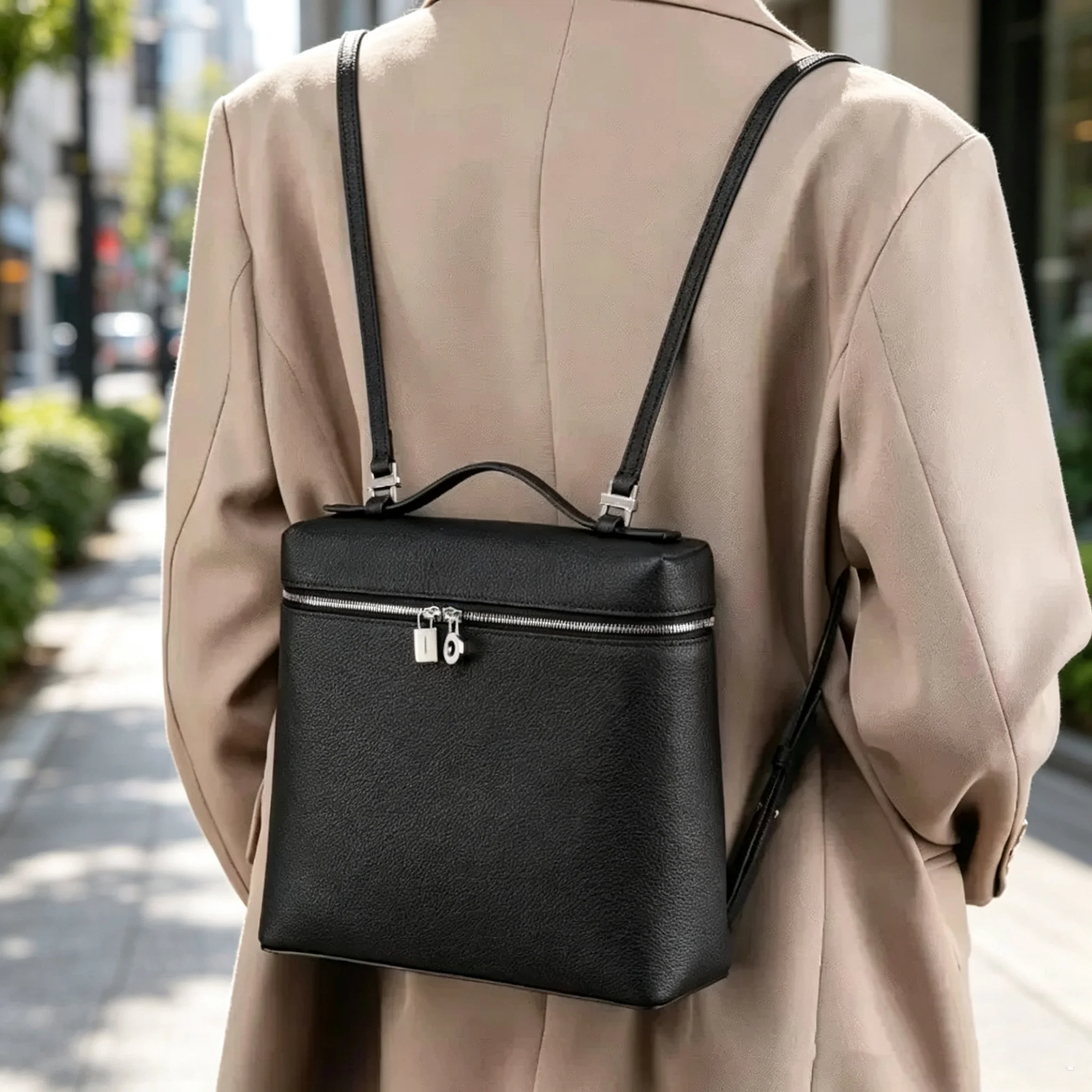 CLAREGQI Minimalist Cowhide Box Handbag Large Capacity Double Zipper Cosmetic Storage Bag Portable Shoulder Crossbody