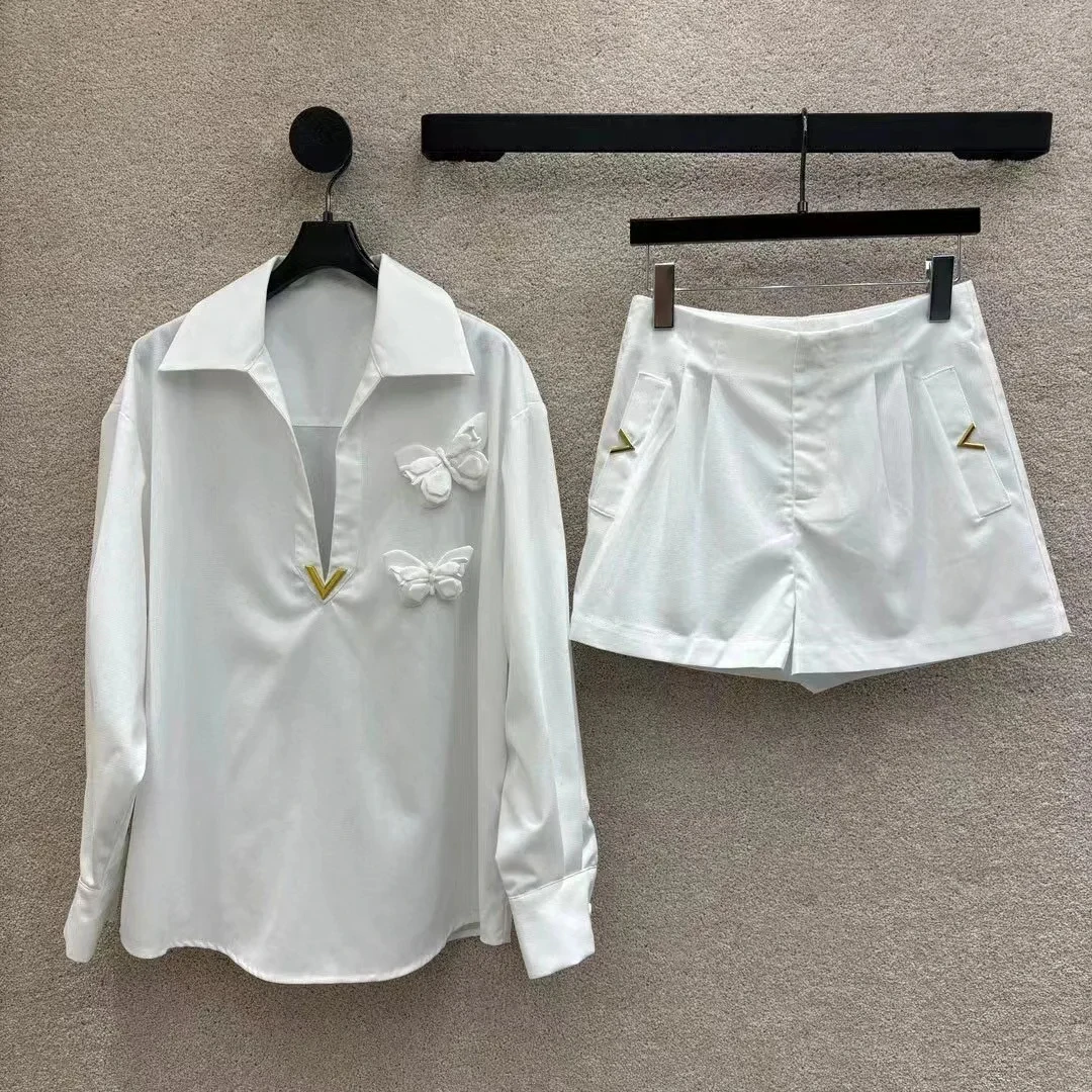 2024 New Fashion Metal V-neck Butterfly Patchwork Long Sleeve Loose Shirt Women 2 piece Set With Shorts