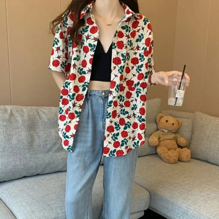 Vintage Flower Shirt Summer New Vintage Printing Shirt Tops Polo Neck Short Sleeve All-Match Loose Blouse Fashion Casual Women