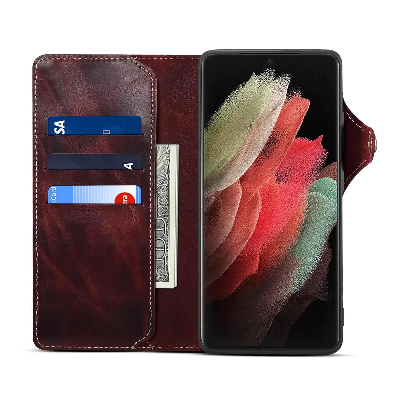 Luxury Genuine Leather Phone Cover for Samsung Galaxy S24 S23 S22 Ultra Plus Shockproof Wallet Case Handmade Cover