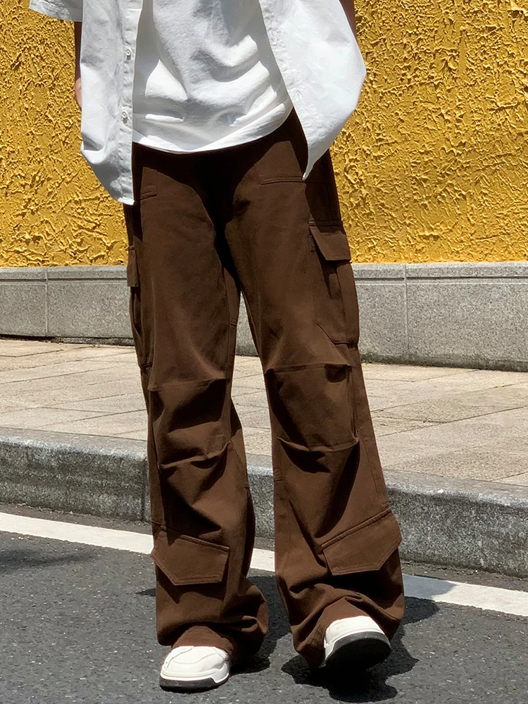 

Ретро Американский High Street Коричневые прямые брюки для спецодежды Мужские свободные дизайнерские повседневные длинные брюки в стиле хип-хоп