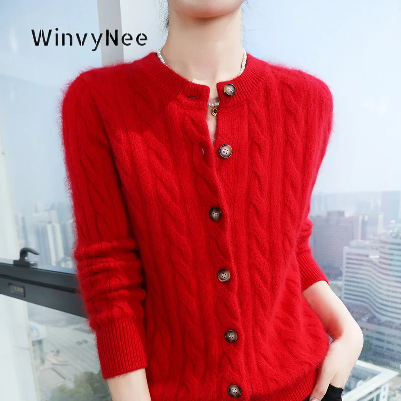 WinvyNee Women Sweater Coat Mink Velvet Textured Weave Button Closure Brushed Fabric Soft Layer Retro Chic Casual Wear ZB1248040