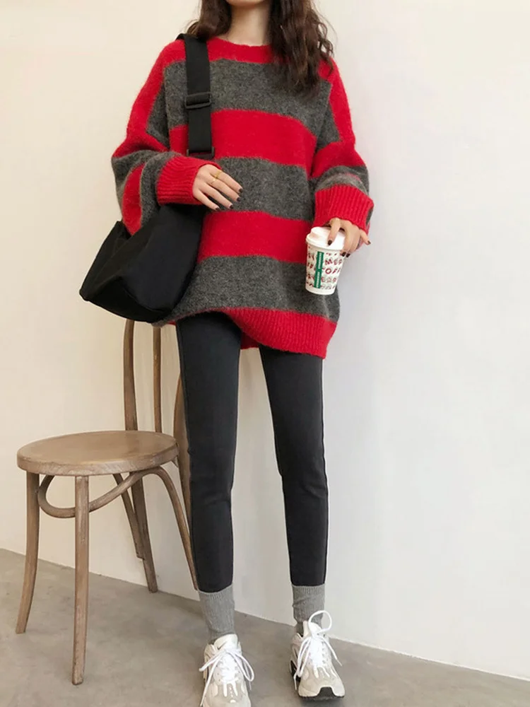 Woherb Women Oversized Thin Sweater Vintage Striped Loose Pullover Streetwear Autumn Knitted Jumper Femme 2024 Sueter Mujer