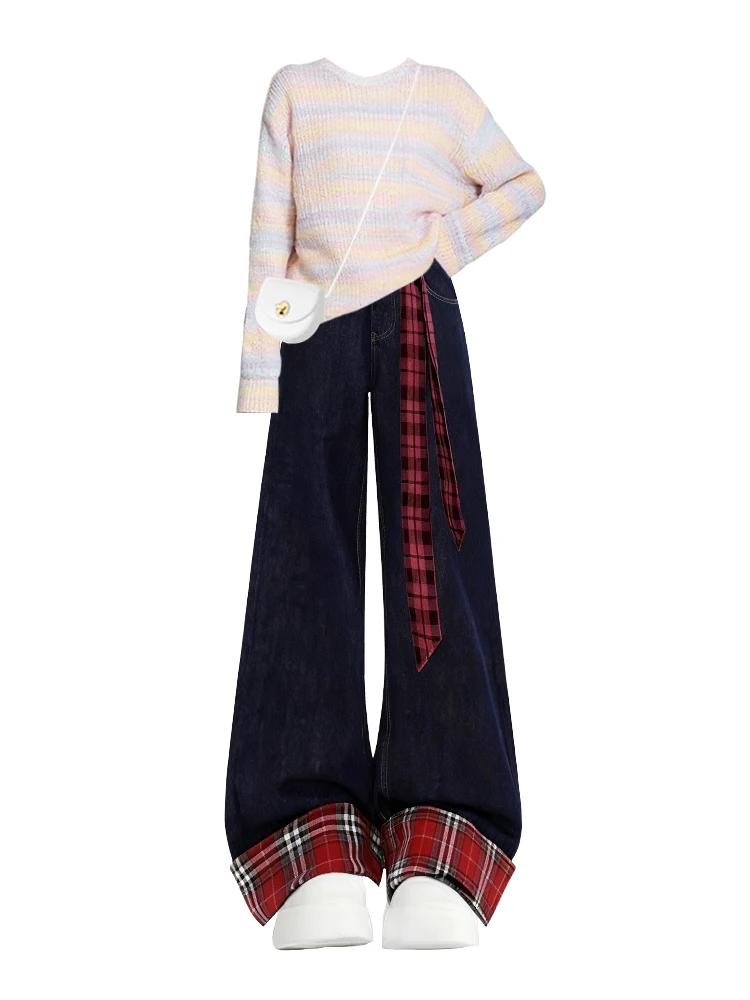 Maglione lavorato a maglia coreano Sle Long Sve Set ampio a righe morbide con jeans scozzesi rossi con cintura per donna Autunno Inverno Faion