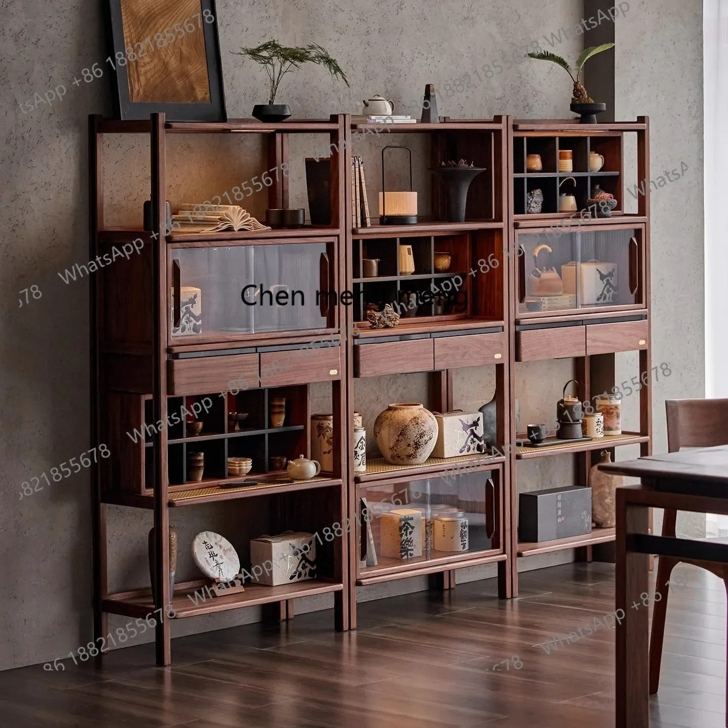 M138 Walnut Solid Wood Combination Bogu Rack Multifunctional Tea Room Display Cabinet Tea Set Storage Rack Living Room Bookshelf