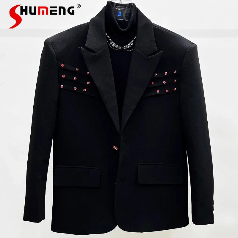 

Fashion Pleated Rhinestone Blazers Men 2025 Loose Fashion Padded Shoulder Stylish Trendy Suit Jackets Handsome Tailored Coats