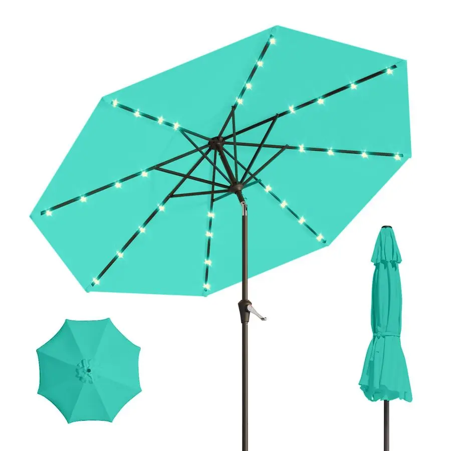 

9FT Solar Umbrella 32 LED Lighted Patio Umbrella Table Market Umbrella w Tilt and Crank, UVResistant Outdoor Umbrella for Pool,