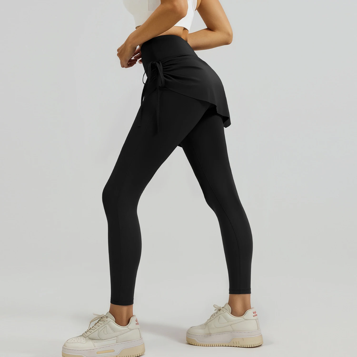 Women's Two-Piece-Style Skirt-Pants Pleated Drawstring Yoga Pants Slimming Athletic Cropped Pants Workout Leggings Sexy Black