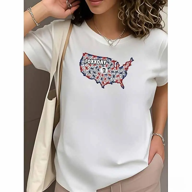 Haut ample européen et américain, haut en pur coton avec imprimé carte des états-unis, T-shirt à manches courtes, mode de rue