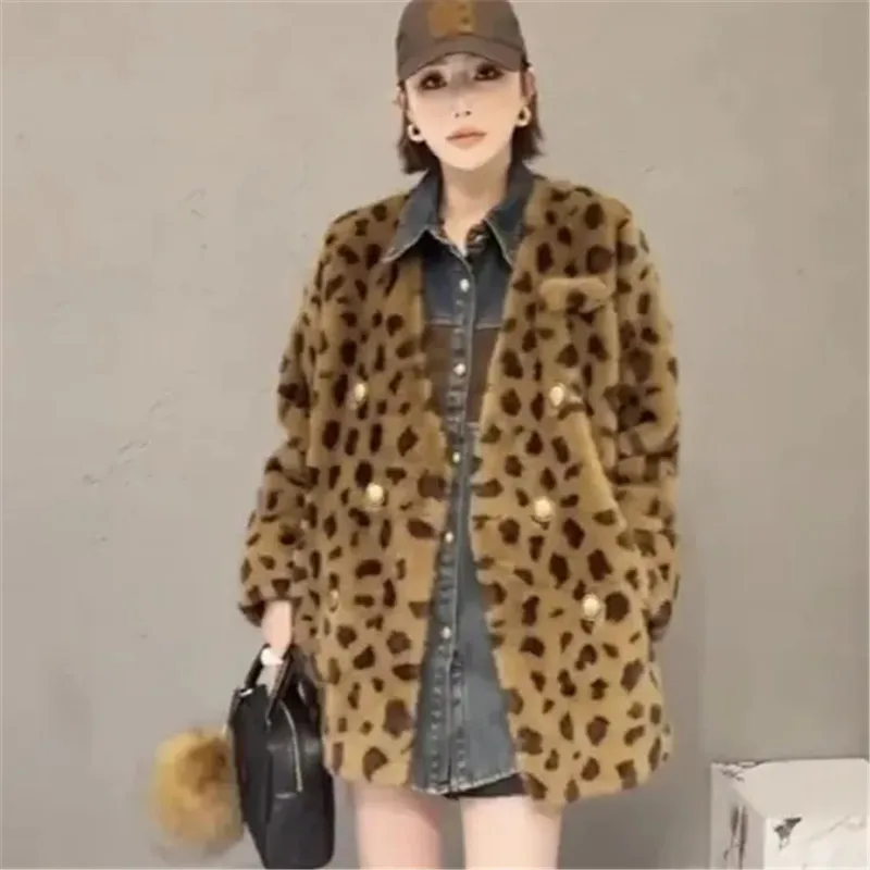 Chaqueta de una pieza con estampado de leopardo para mujer, abrigos con cuello en V, abrigo de piel sintética informal suelto, ropa de abrigo femenina, otoño e invierno, 2024