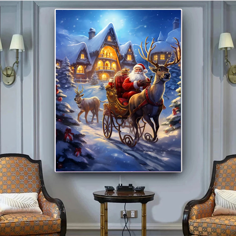 Christmas Night Landscape 5D Diy Diamond Painting New 2024 Mosaic Santa Claus New Year Gift Diamond Embroidery Cross Stitch