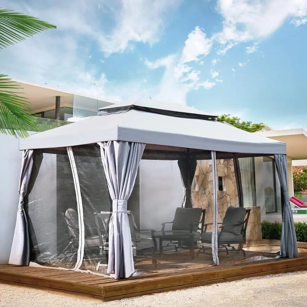 10x13 Ft Patio Gazebo,Outdoor Gazebo Canopy with Mosquito Netting and Curtains,Sturdy Straight Leg Tent Soft Top Gazebo