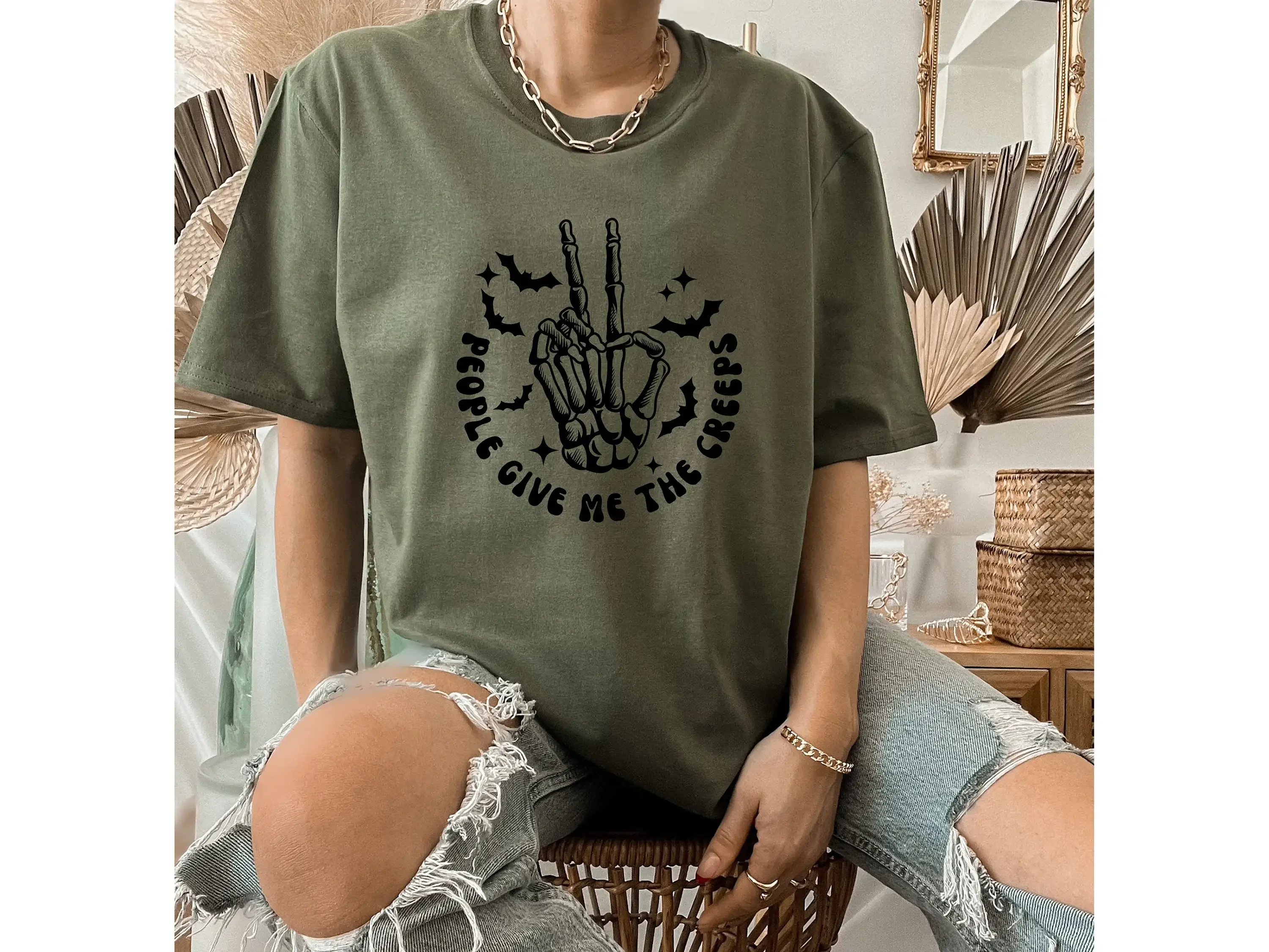 People Give Me The Creeps T Shirt Cool Halloween Party Skeleton Humor For Shirtnagers Spooky Fashion