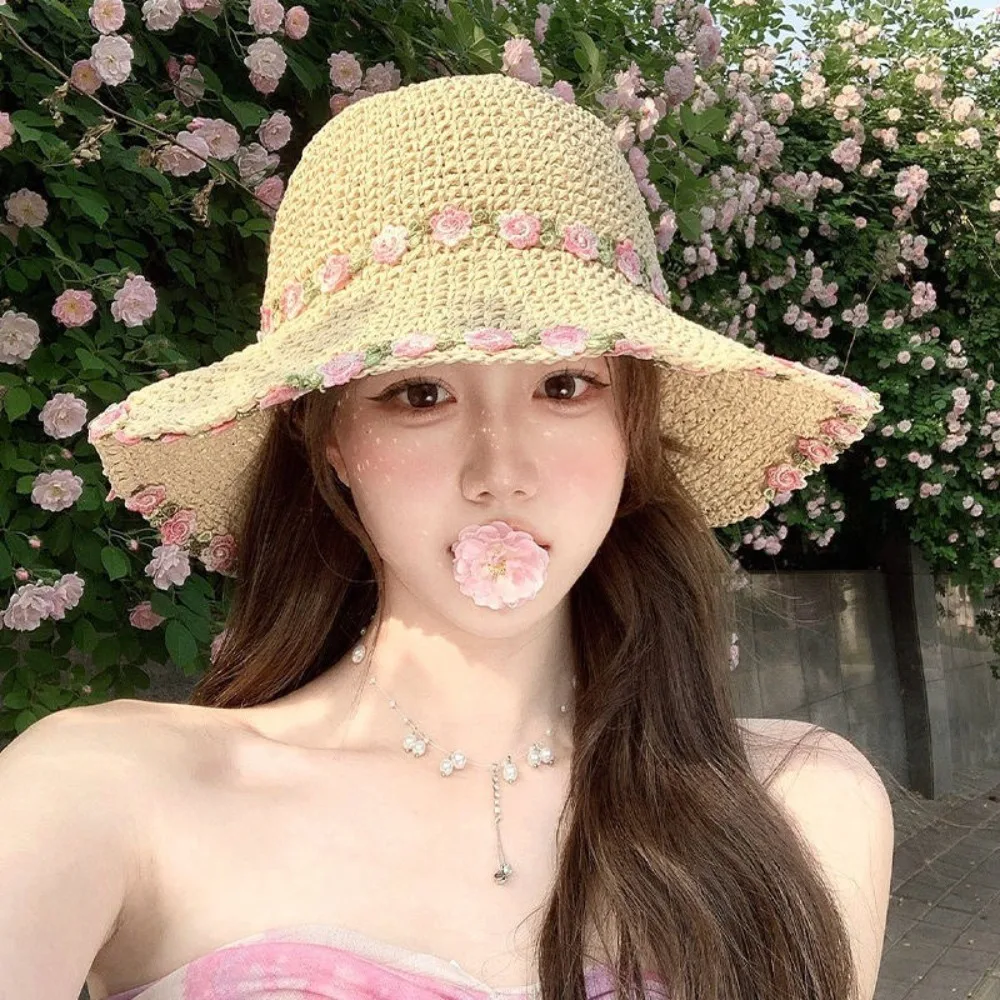 

Fashion Korean Flower Straw Hat Solid Color Large Brim Beach Hat Breathable Women's Fisherman Hat UV Protection