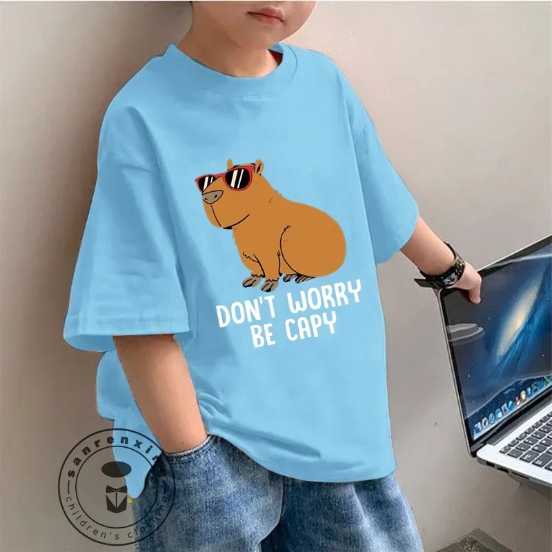 Dive into Fun Adorable Capybara Themed Cartoon Printing Children Short Sleeve T-shirt Perfect for Playful Days School Adventures