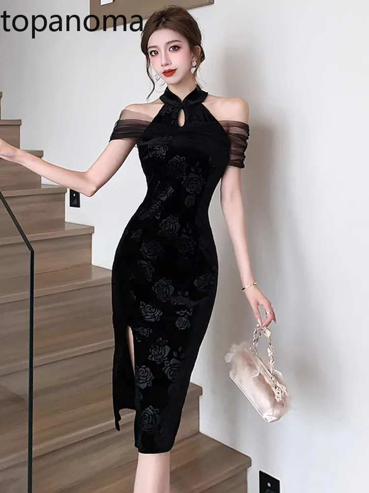 Topanoma Evening Dresses Women Elegant Sleeveless Mesh Patchwork Flowers Vintage Slim Cocktail Dress Temperament Party Gift