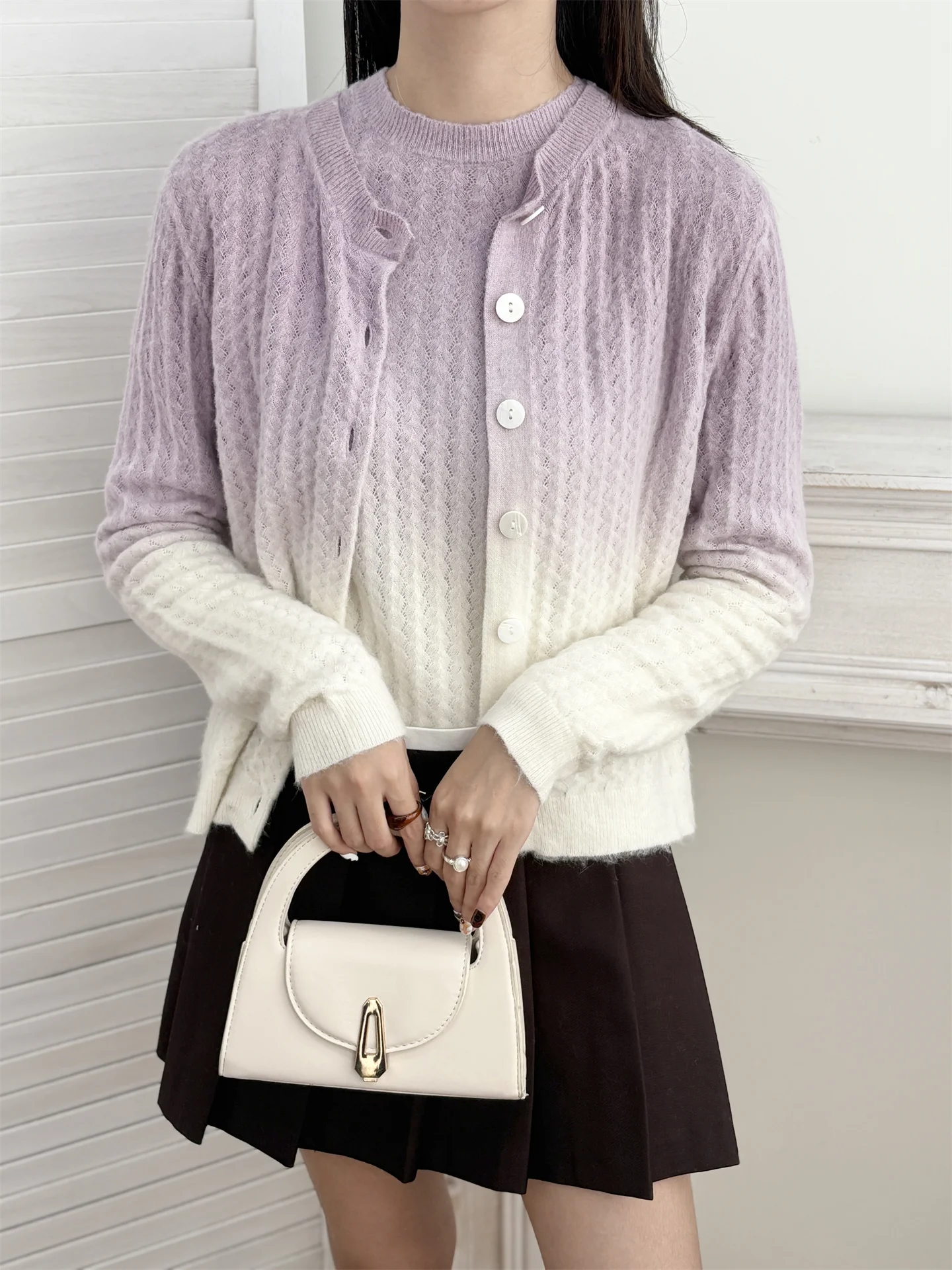 

Пригородный Sle adient Фиолетовый круглый вязаный открытый кардиган Long Sve свитер женский свободный крой зимний топ