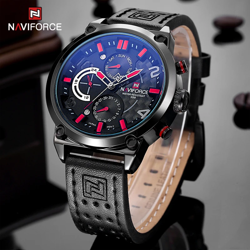 NAVIFORCE Luxury Brand Man Sports Waterproof Wristwatch Men Quartz Genuine Leather Watch Day and Date Display Male Clock NF9068L