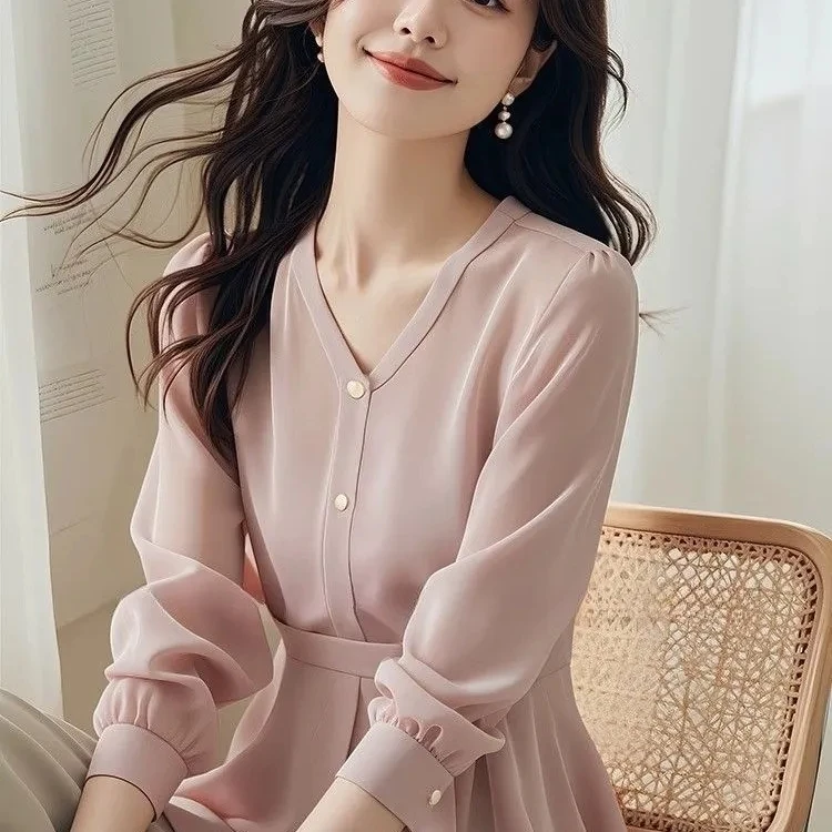 Ele V-Ne Long Sve Women's irt Unique Waist-Cinching Design Spring Autumn Sli Top Light Luxury Pink Color
