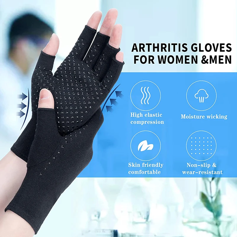 2pcs Black Half Finger Compression Gloves for Osteoarthritis Arthritic Joint Pain Relief Gloves Healthcare Gloves for Men Women