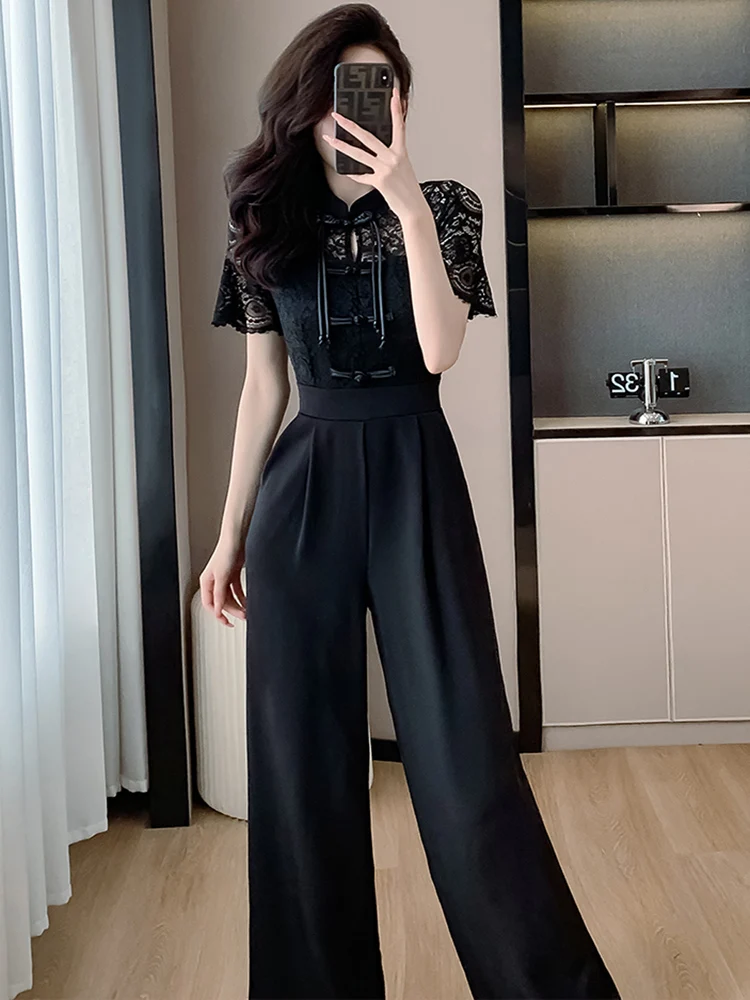 2024 New Summer Elegant Lace Splicing Short Sleeve Long Jumpsuits For Women Fashion Office OL High Waist Slim Wide Leg Rompers