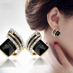 Unique Square Black Stone Stud Earrings for Women Special-interested Ear Accessories Daily Wear Party Statement Jewelry
