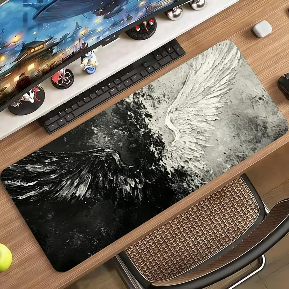 Vintage Black White Angel Wing Large Mouse Pad Non Slip Rubber Desk Mat for Laptop Keyboard Gaming and Stylish Home Computer Use