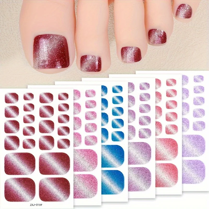 A Set of 2 Sheets 22 Finger Fully Covered Toenail Stickers, with A Minimalist Style and A Solid Color Gradient Glitter Nail