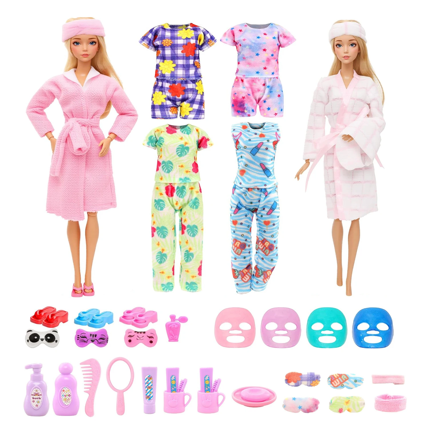 

23 Pcs Doll Clothes and Accessories random 4 Sets Bathrobes Pajamas 4 masks 3 Slippers and 12 Toiletries Accessorie