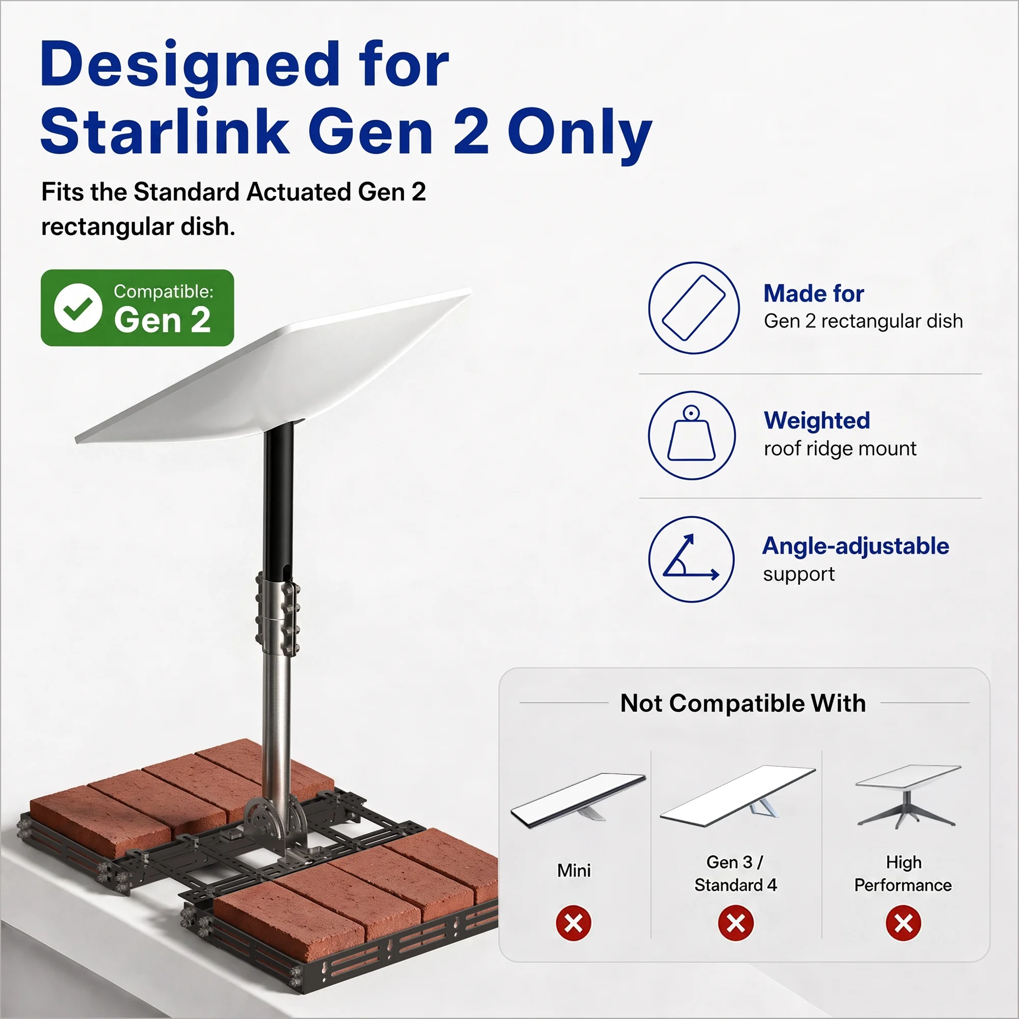 Roof Ridge Mount for Starlink V2 / Gen 2 , 160° Adjustable Tilt,No-Drill Ballast Frame, with Adjustable Pole Adapter