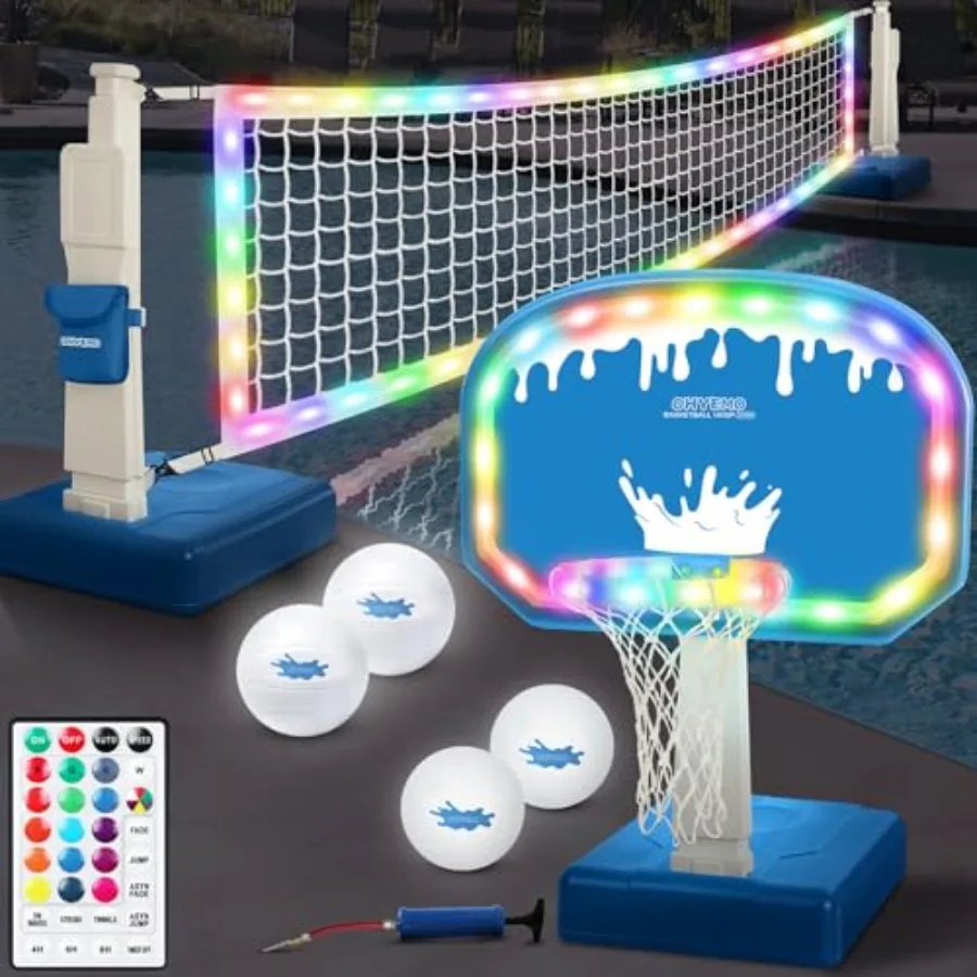 

2-in-1 LED Pool Volleyball Basketball Game Set with 14in LED Rim 4 Glow Pool Balls 2 Bases Pump for Inground Swimming Pool Ligh