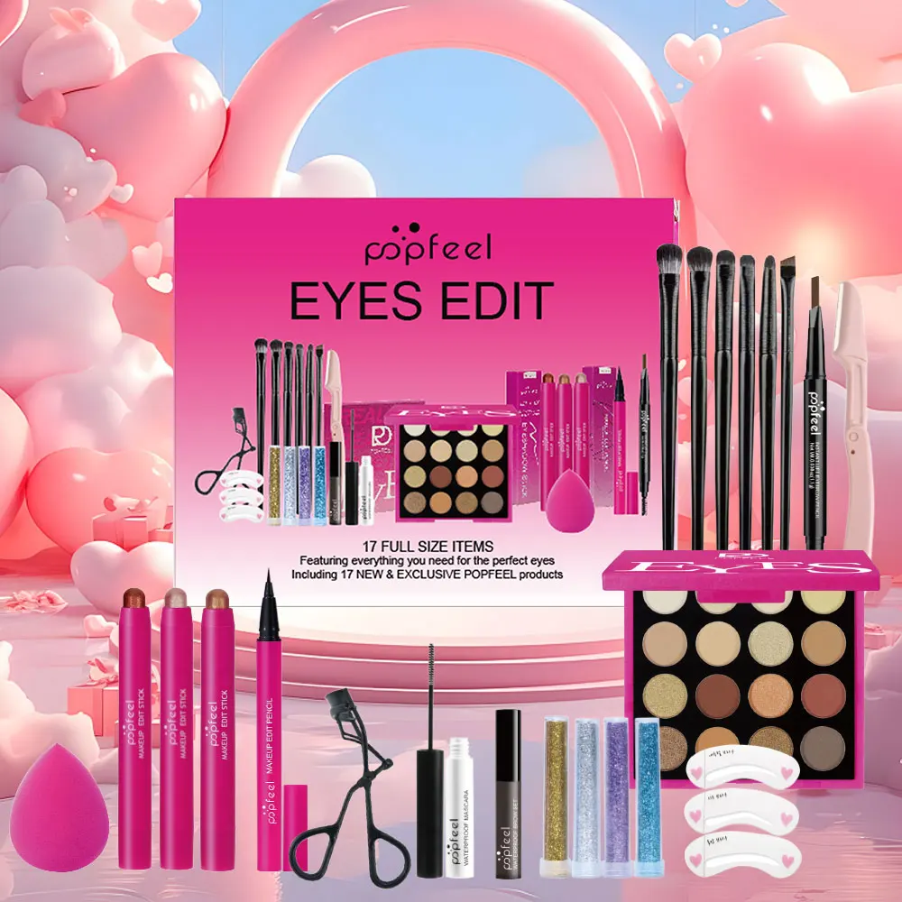 POPFEEL 22-Piece Eye Makeup Set: Includes 16-Color Eyeshadow Palette, Pearl Shimmer, Eyeshadow, Brow Tint, Black Eyeliner