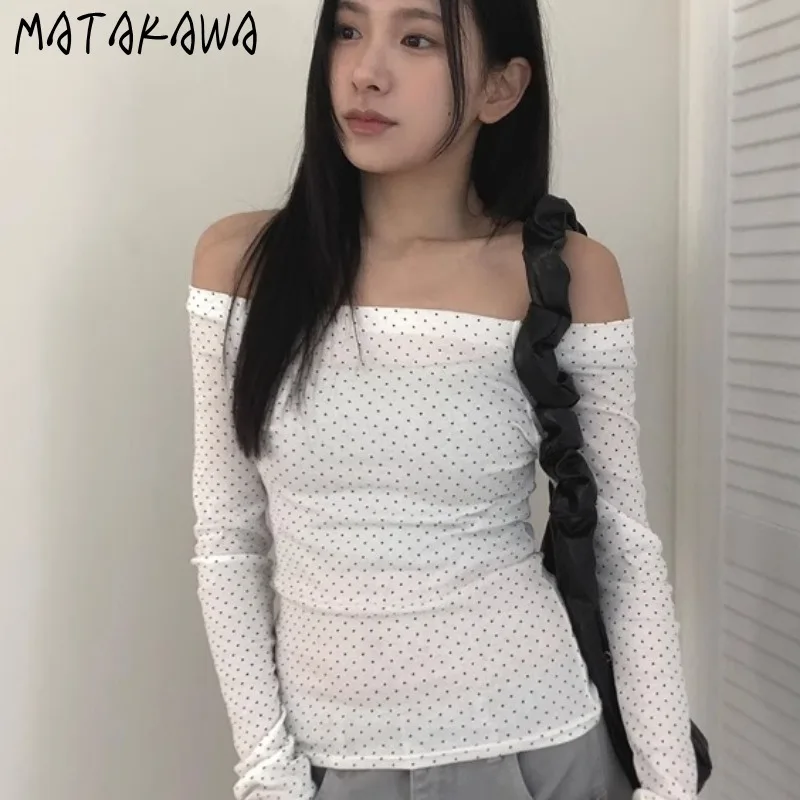 

Matakawa Y2k Одежда Футболка для женщин с разрезом в горошек Весна Осень Ретро футболки Корейская мода Пикантные футболки в стиле девушки