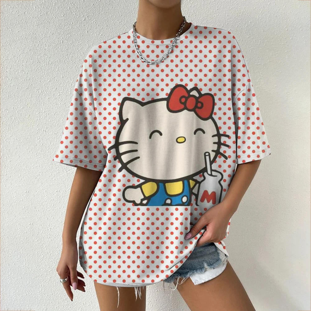 Hello Kitty para koszulka z krótkim rękawem damska modna odzież uliczna luźna koszulka Y2K millennium dziewczyna top