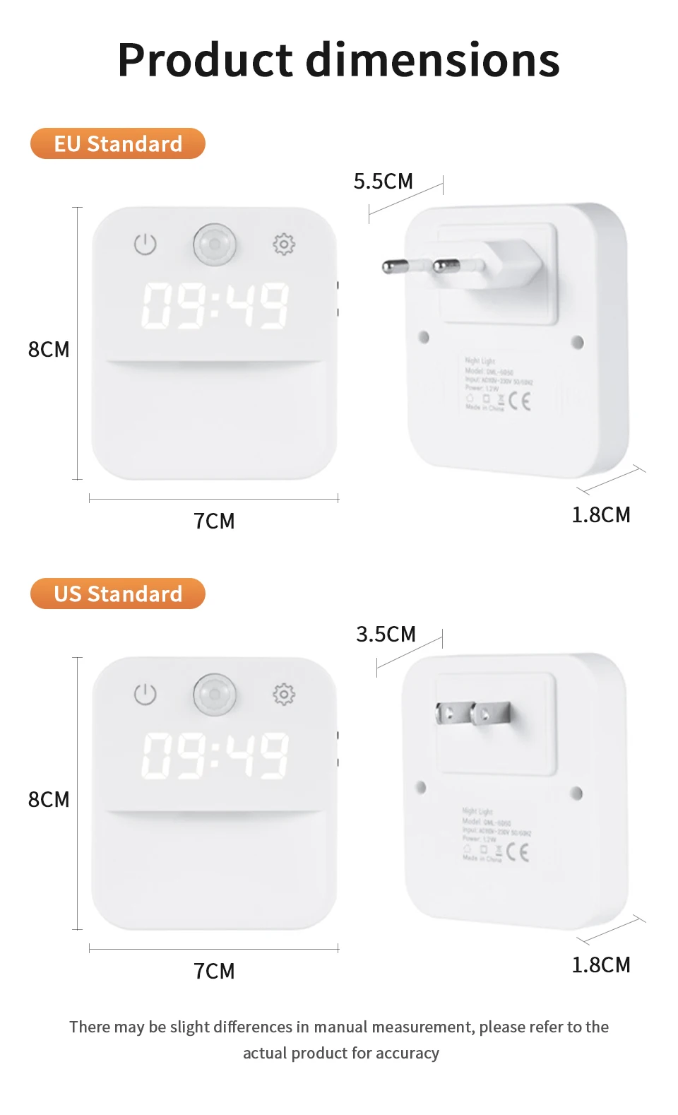 Motion Sensor LED Night Light with Time Display EU and US Socket Plug-in Wall Lamp Smart Sensing Light for Hallway Stair Bedroom