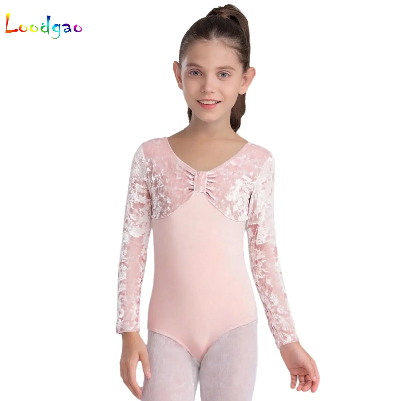 Maillot de Ballet para Niñas, Manga Larga, con Lazo y Encaje, Terciopelo, para Gimnasia, Danza, Práctica, Actuación y Exámenes