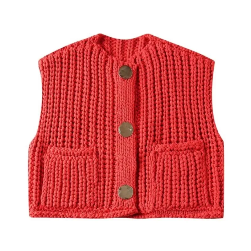 

Women's casual knitted jacket sleeveless autumn/winter women's new pocket sleeveless short knitted cardigan vest