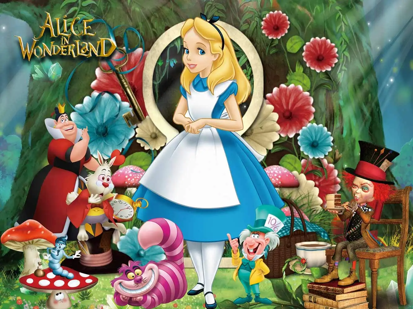 Cartoon Alice in Wonderland Backdrops for Kids Birthday Party Decor Enhanted Forest Rabbit Green Leaves Photography Background